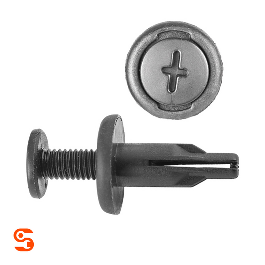 Black nylon push-type retainer clip with threaded pin and round slotted head, shown with side and top view