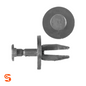 Black nylon push-type retainer clip with round head, split stem, and separate top view, shown with side and top view