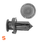 Black nylon push-type retainer clip with round 18mm head and expandable stem, shown with side and top view