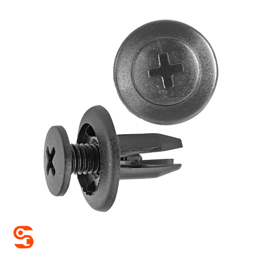Black nylon push-type retainer clip with screw head, washer flange, split stem, shown with side and top view