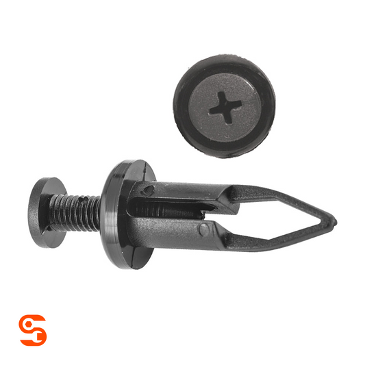 Black nylon push-type retainer clip with screw pin and round head, shown as a 2-piece fastener, shown with side and top view