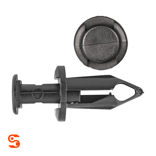 Black nylon push-type retainer clip with round head and slotted stem, shown with side and top view