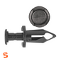 Black nylon push-type retainer clip with round head and slotted stem, shown with side and top view