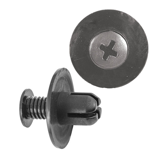 Black Nylon Push-Type Retainer Clips | Fits Hole Size: 8mm | Head Diam: 20mm | Stem Length: 9mm