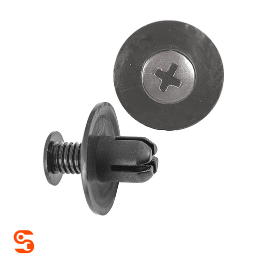 Black nylon push-type retainer clip with screw-style pin, round head, and split stem, shown in two views