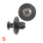 Black nylon push-type retainer clip with screw-style pin, round head, and split stem, shown in two views