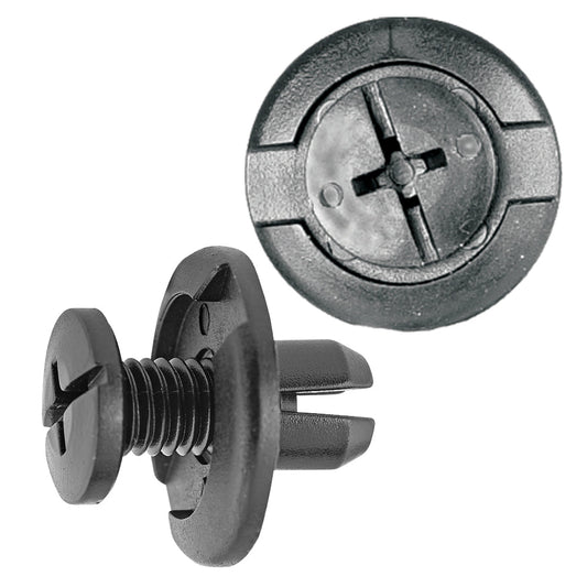Black Nylon Push-Type Retainer Clips | Fits Hole Size: 8mm | Head Diam: 20mm | Stem Length: 9mm