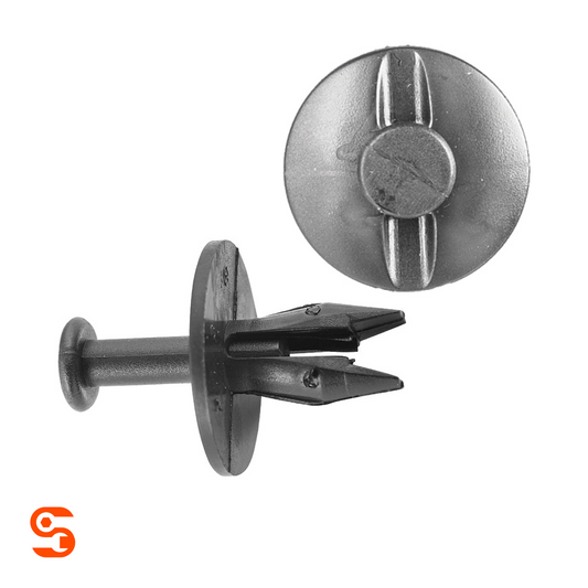 Black nylon push-type retainer clip with round head, split prong stem, shown with side and top view