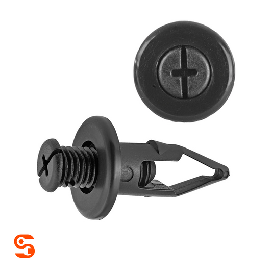Black nylon push-type bumper retainer clip with Phillips screw head and 20mm round washer, shown with side and top view