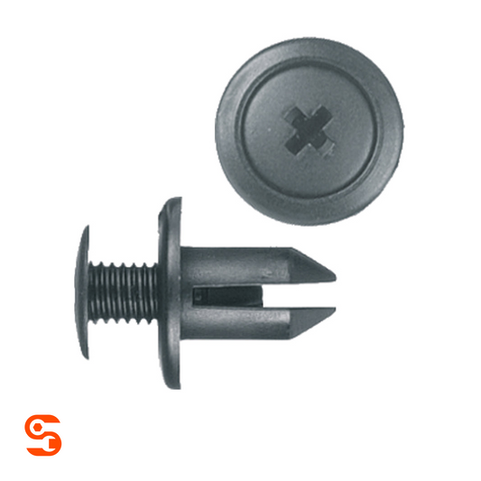 Black nylon push-type retainer clip with round Phillips head and split stem, shown with side and top view