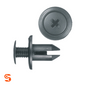 Black nylon push-type retainer clip with round Phillips head and split stem, shown with side and top view