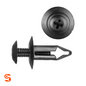 Black nylon push-type retainer clip with Phillips head, split stem, and round washer, shown with side and top view