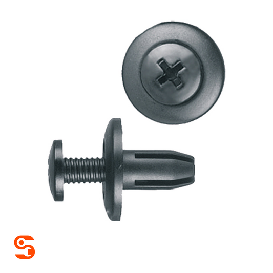 Black nylon push-type retainer clips with Phillips head, slotted stem and ribbed screw post, shown with side and top view