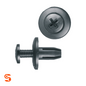 Black nylon push-type retainer clips with Phillips head, slotted stem and ribbed screw post, shown with side and top view