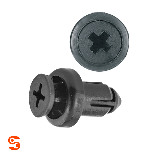 Black nylon push-type retainer clip with Phillips-style head, shown with side and top view