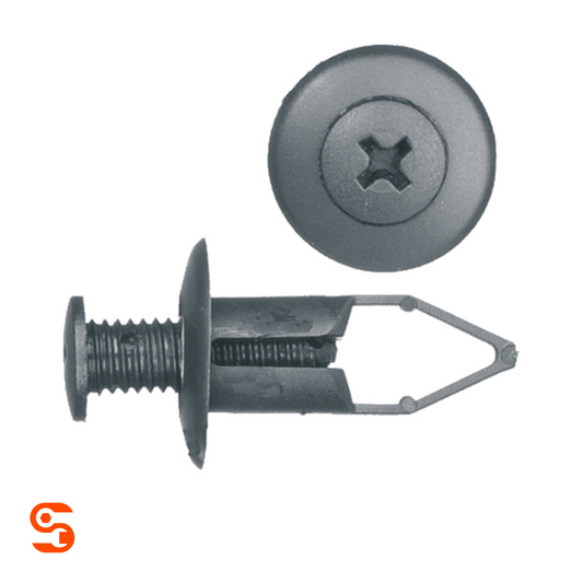 Black nylon push-type bumper retainer clip with Phillips head, ribbed stem, and split anchor, shown with side and top view