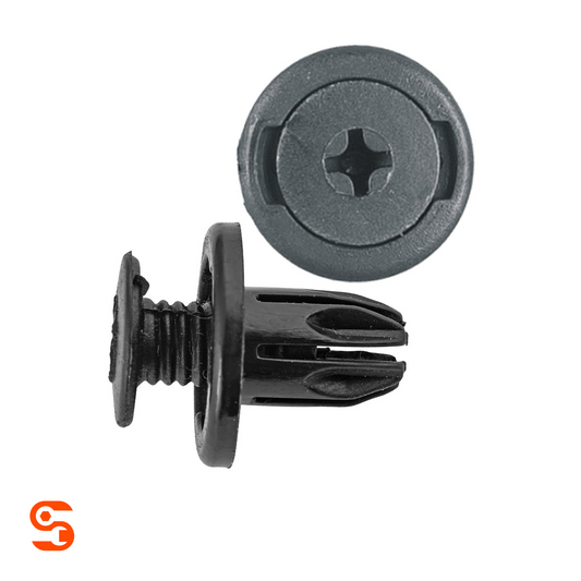 Black nylon push-type retainer clip with ribbed stem and round Phillips-style head, shown with side and top view