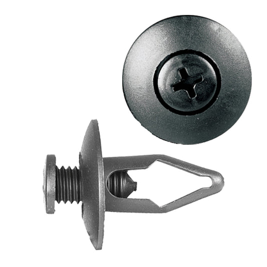 Black Nylon Push-Type Retainer Clips | Inner Fender | Fits Hole Size: 8mm | Head Diam: 20mm | Stem Length: 18mm | Nissan 1980-on | OEM# 63844-01A00