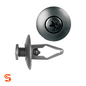 Black nylon push-type retainer clip with Phillips head and expanding stem, shown with side and top view