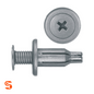 Gray push-type retainer clip with screw head, threaded pin, flange, and slotted stem, shown with side and top view