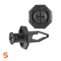 Black nylon push-type retainer clip with slotted screw head and ribbed stem, shown with side and top view