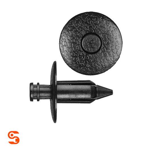 Black nylon push-type retainer clip with round textured head and ridged stem, shown with side and top view