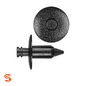 Black nylon push-type retainer clip with round textured head and ridged stem, shown with side and top view