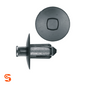 Black nylon push-type retainer clip with round head and ribbed 8mm stem, shown with side and top view