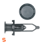 Black nylon push-type retainer clip with round head and long split stem, shown with side and top view