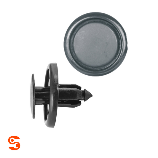 Black nylon push-type retainer clips with round heads and ribbed stems, shown with side and top view