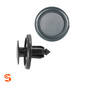 Black nylon push-type retainer clips with round heads and ribbed stems, shown with side and top view