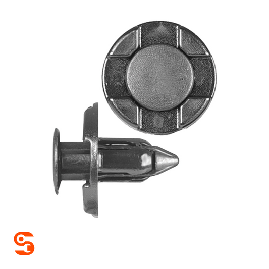 Black nylon push-type retainer clips with round 20mm head and ribbed 9mm stem, shown with side and top view
