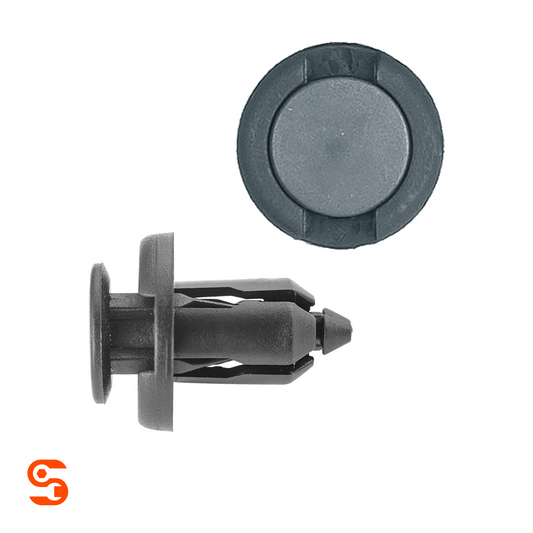 Black nylon push-type retainer clips, shown in side and top views with round heads and ribbed stems, shown with side and top view