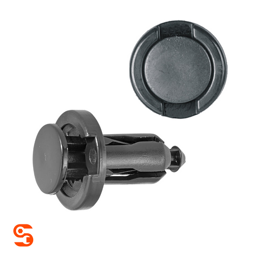 Two black nylon push-type bumper retainer clips with round heads and ribbed stems, shown with side and top view