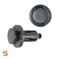 Two black nylon push-type bumper retainer clips with round heads and ribbed stems, shown with side and top view