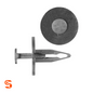 Black nylon push-type retainer clip with round head and split stem, shown with side and top view
