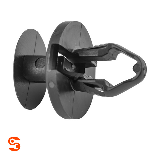 Black nylon push-type retainer clip with round head, short stem, and open locking loop