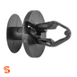 Black nylon push-type retainer clip with round head, short stem, and open locking loop