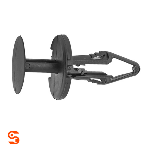 Black nylon push-on retainer with round head, central shaft, and split locking legs on a white background