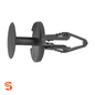 Black nylon push-on retainer with round head, central shaft, and split locking legs on a white background