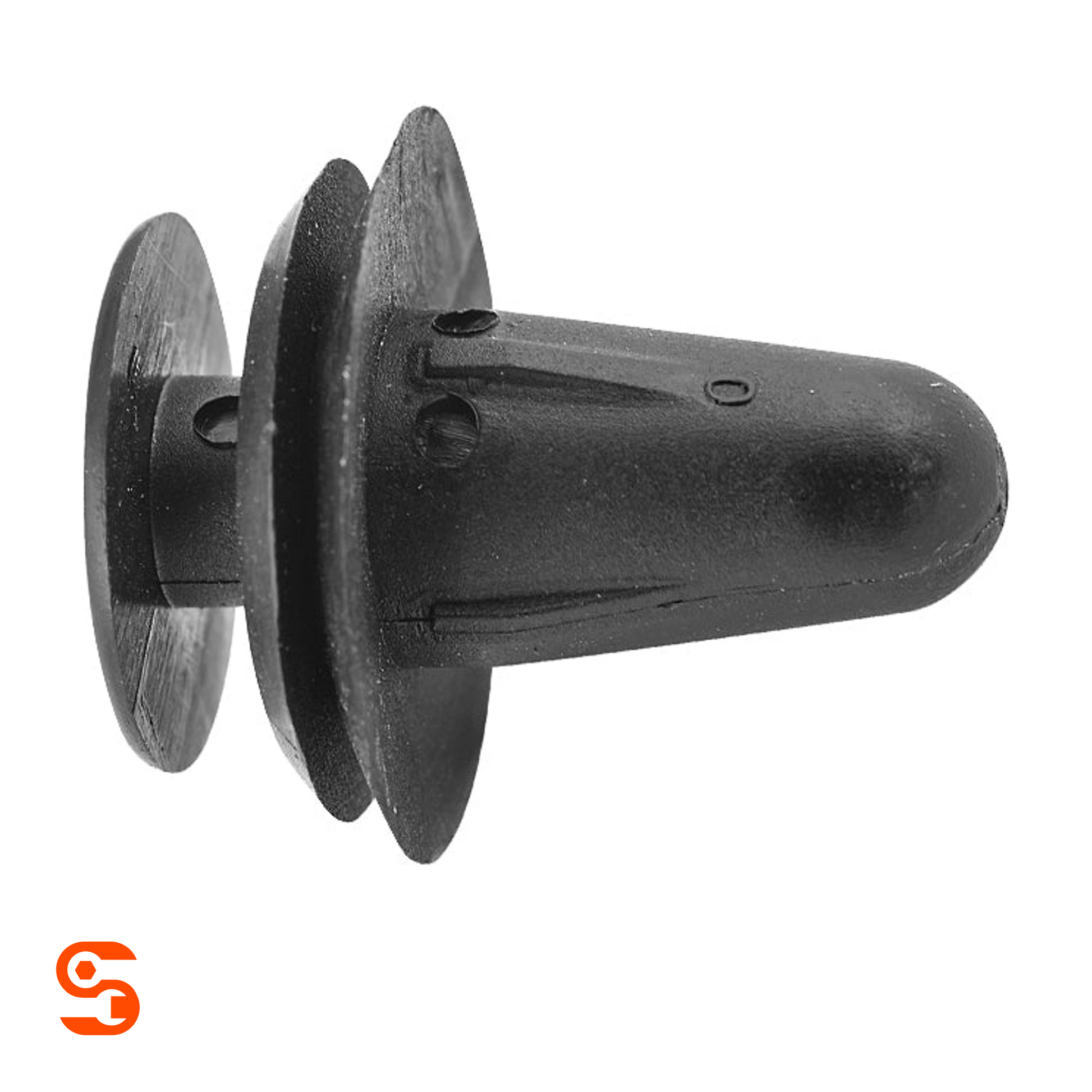 Black nylon door trim retainer clip with round head, ribbed stem, and push-pin center, single piece