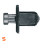 Black nylon push-type retainer clip with round head, center flange, and tapered stem