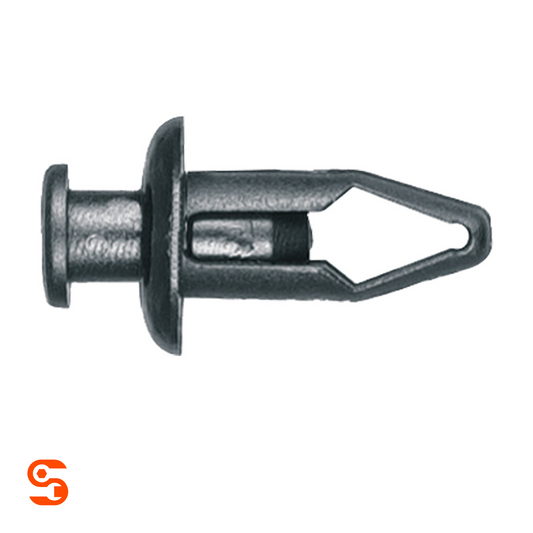 Black nylon push-type retainer clip with round head, ribbed stem, and split arrow tip for 5/16 inch holes