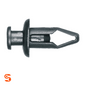 Black nylon push-type retainer clip with round head, ribbed stem, and split arrow tip for 5/16 inch holes
