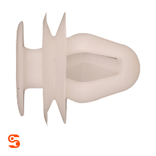 White nylon push-type retainer clip with round head, ribbed stem, and looped end