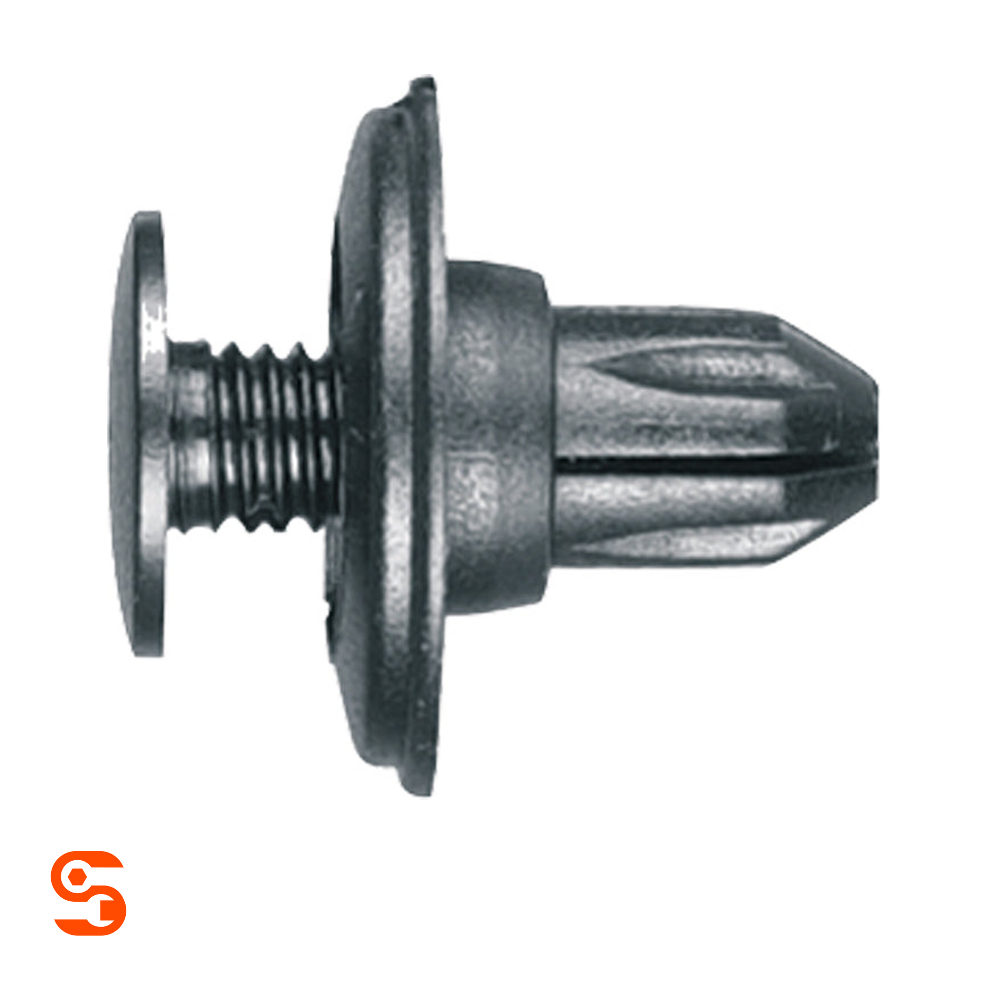 Black nylon push-type retainer clip with round head, ribbed stem, and expanding pronged tip