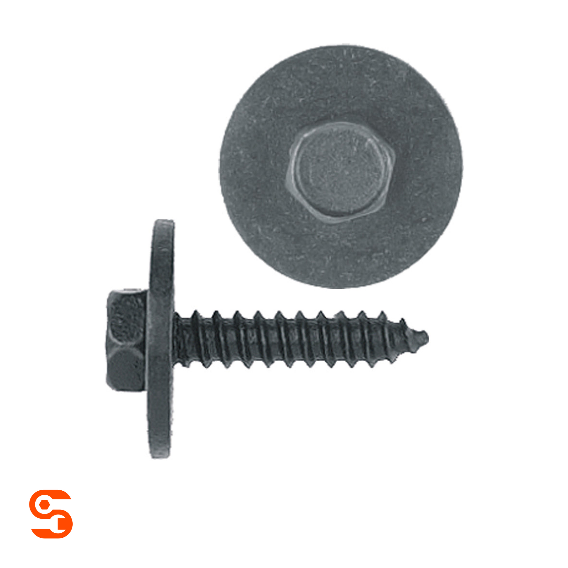 Black indented hex head trim screw with washer-style flange, shown with side and top view