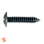 Black slotted truss head license plate screw with coarse threads and pointed tip on white background
