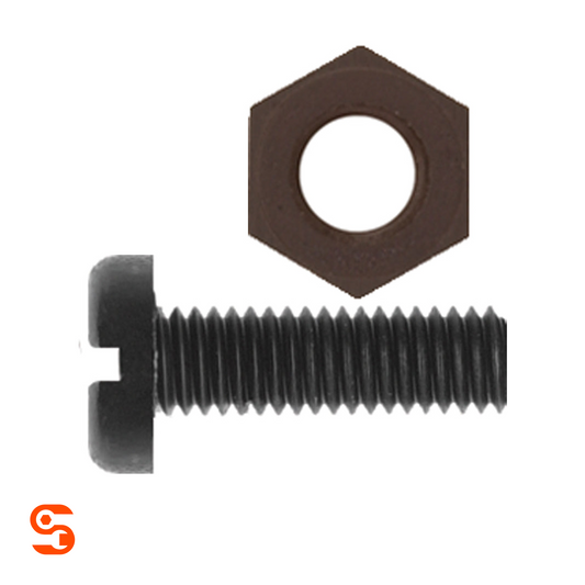 Black nylon license plate screw with matching hex nut in size 6-1.00 x 20mm, shown with side and top view