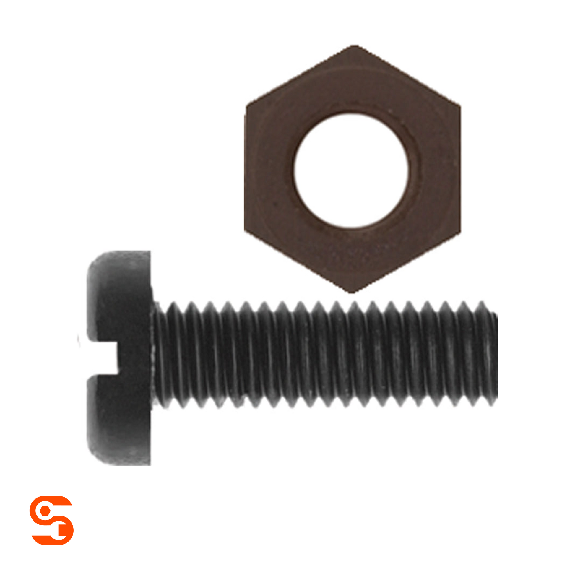 Black nylon license plate screw with matching hex nut in size 6-1.00 x 20mm, shown with side and top view